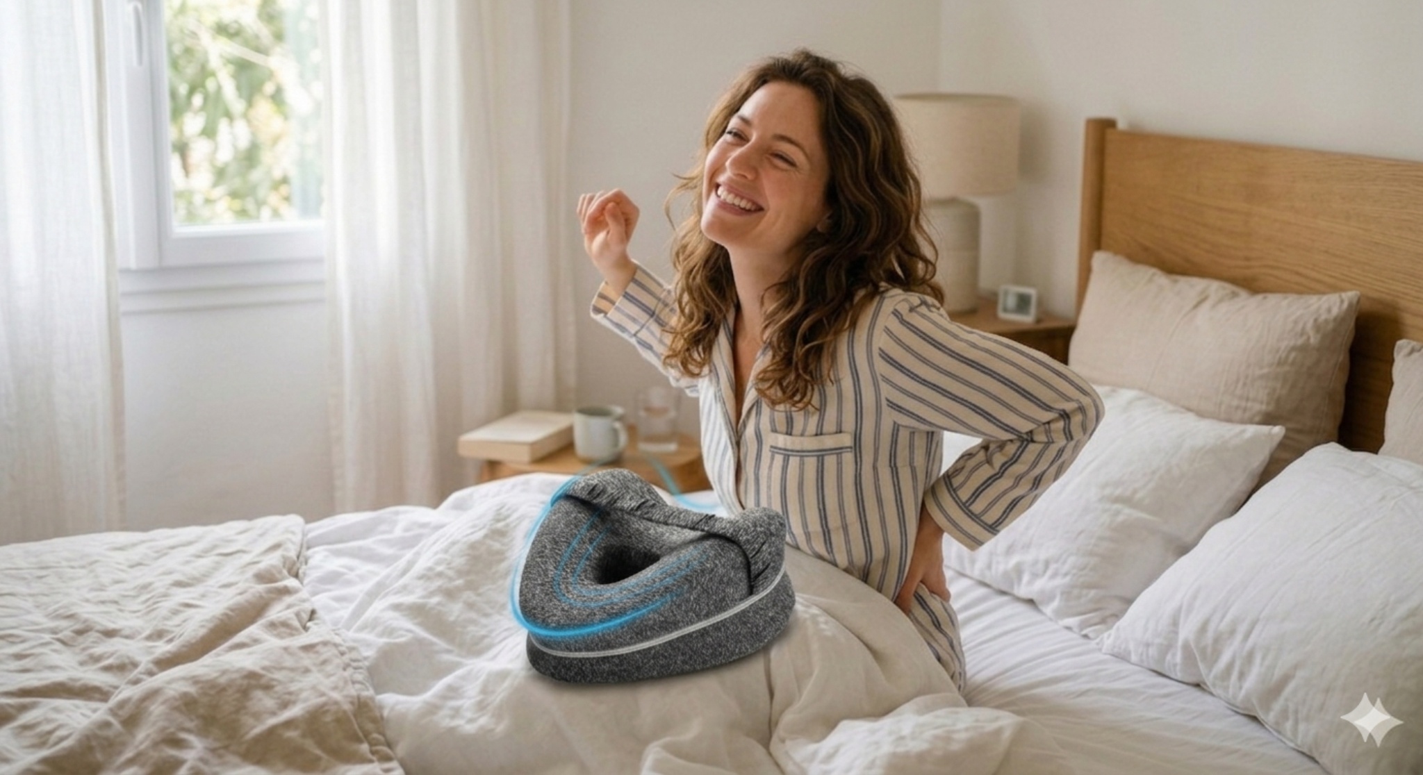 Femme souriante qui se réveille de bonne humeur avec l’univers Oria